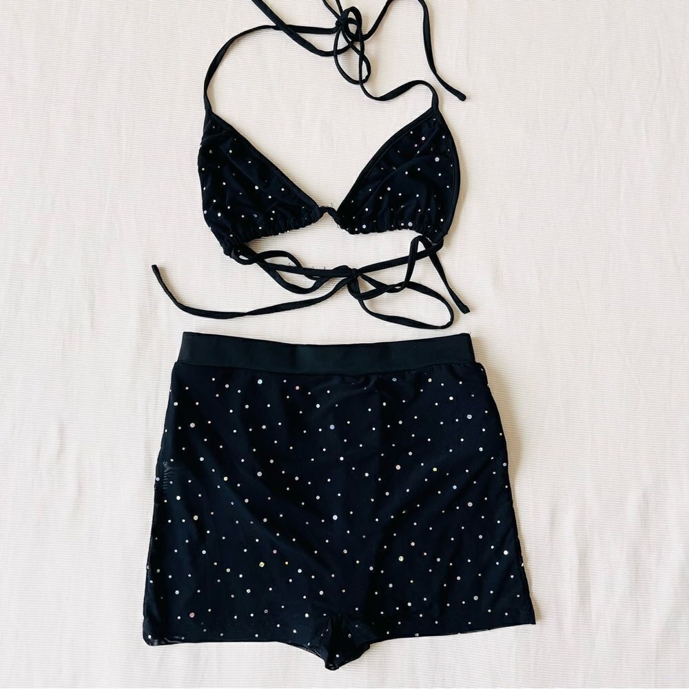 Shein Womens Swimsuit Bikini Bra Shorts Bathing Suit Sparkly 2 Pieces Beach Blac